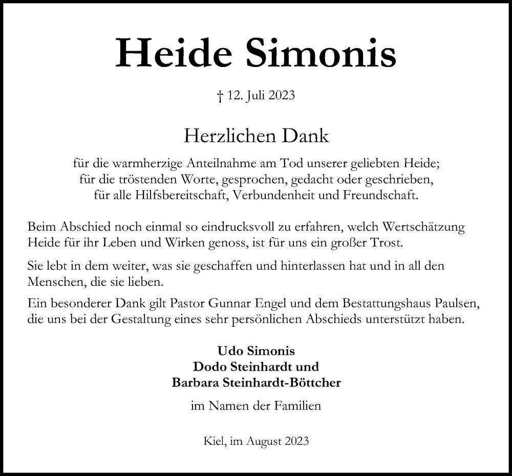  Traueranzeige für Heide Simonis vom 05.08.2023 aus Kieler Nachrichten