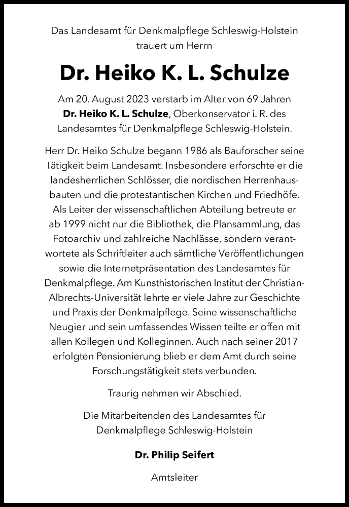  Traueranzeige für Heiko K. L. Schulze vom 26.08.2023 aus Kieler Nachrichten