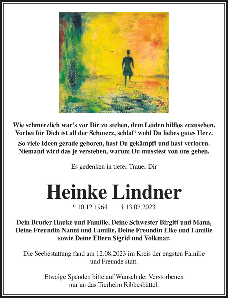  Traueranzeige für Heinke Lindner vom 19.08.2023 aus Aller Zeitung