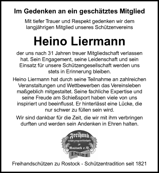 Traueranzeige von Heino Liermann von Ostsee-Zeitung GmbH
