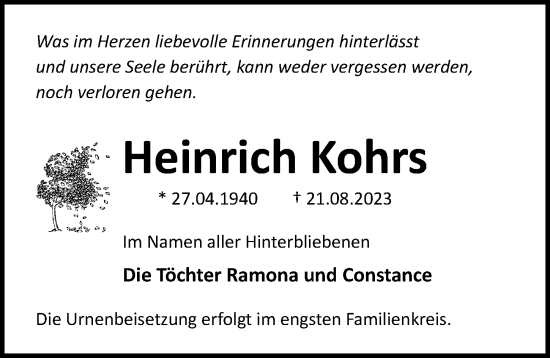 Traueranzeige von Heinrich Kohrs von Ostsee-Zeitung GmbH