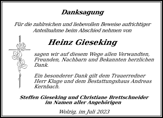 Traueranzeige von Heinz Gieseking von Märkischen Allgemeine Zeitung