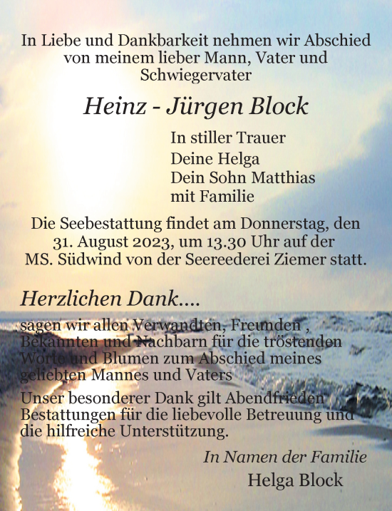 Traueranzeige von Heinz-Jürgen Block von Ostsee-Zeitung GmbH