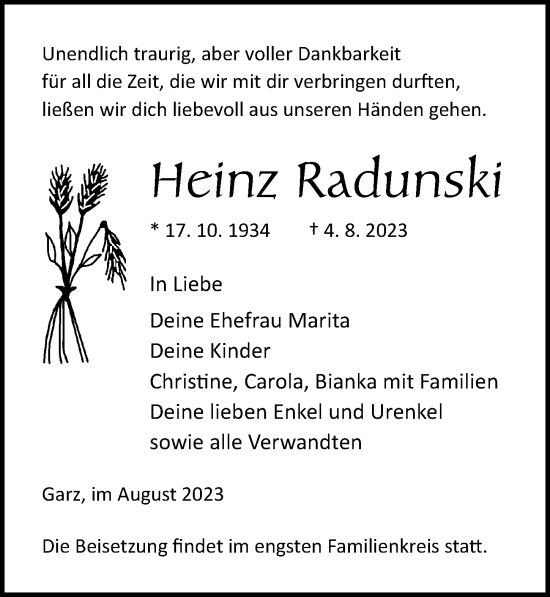 Traueranzeige von Heinz Radunski von Ostsee-Zeitung GmbH