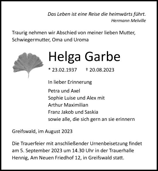 Traueranzeige von Helga Garbe von Ostsee-Zeitung GmbH