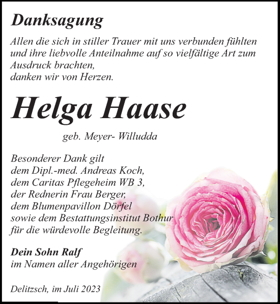 Traueranzeige von Helga Haase von Leipziger Volkszeitung