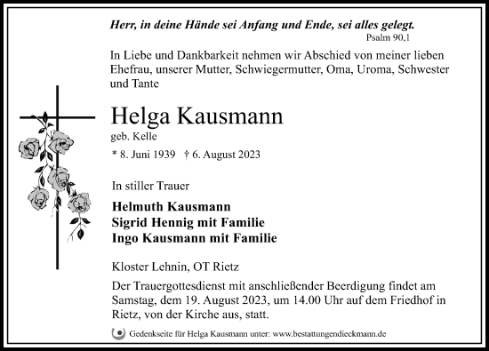 Traueranzeige von Helga Kausmann von Märkischen Allgemeine Zeitung