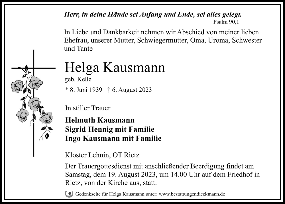  Traueranzeige für Helga Kausmann vom 12.08.2023 aus Märkischen Allgemeine Zeitung