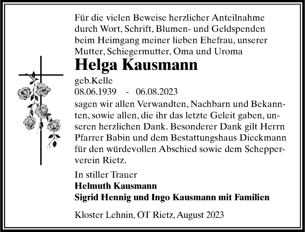  Traueranzeige für Helga Kausmann vom 26.08.2023 aus Märkischen Allgemeine Zeitung