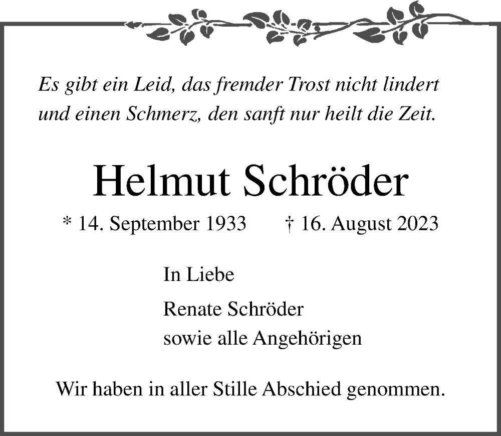  Traueranzeige für Helmut Schröder vom 20.08.2023 aus Lübecker Nachrichten