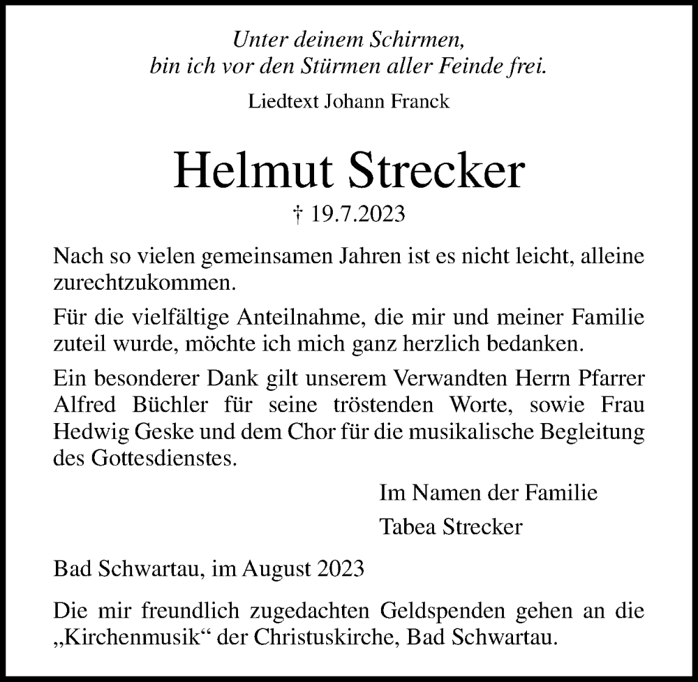 Traueranzeige für Helmut Strecker vom 06.08.2023 aus Lübecker Nachrichten