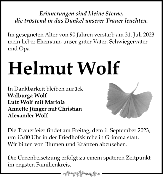 Traueranzeige von Helmut Wolf von Leipziger Volkszeitung