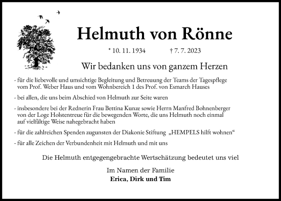 Traueranzeige von Helmuth von Rönne von Kieler Nachrichten