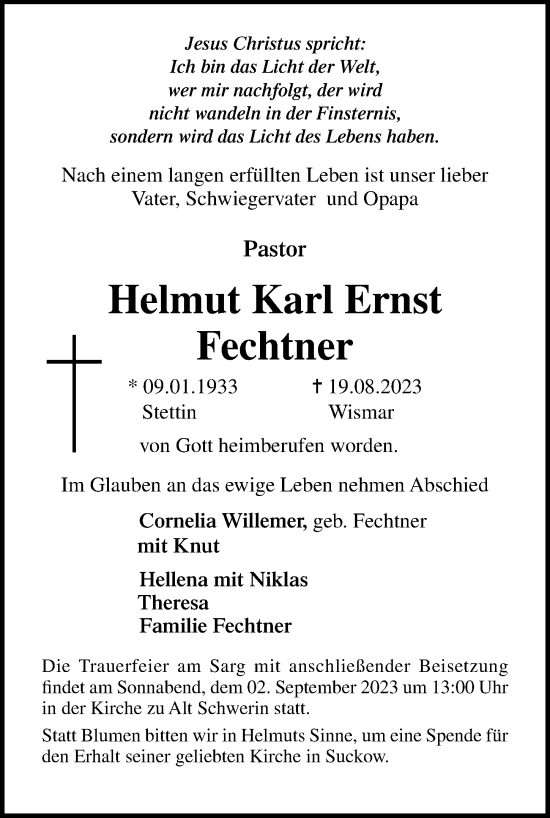 Traueranzeige von Helmut Karl Ernst Fechtner von Ostsee-Zeitung GmbH