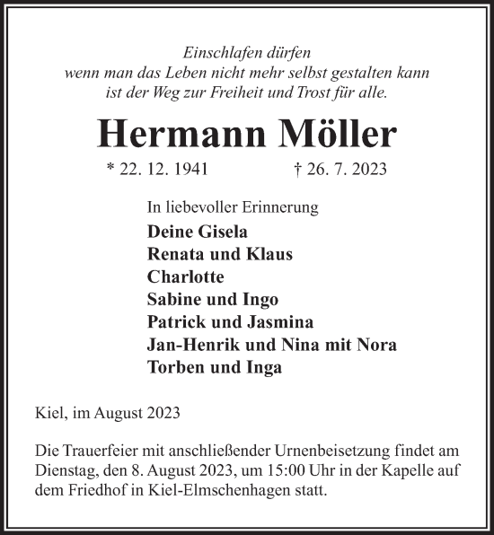 Traueranzeige von Hermann Möller von Kieler Nachrichten