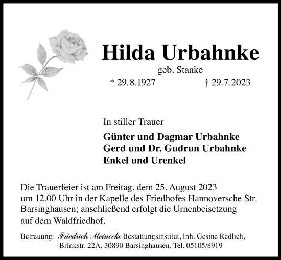 Traueranzeige von Hilda Urbahnke von Hannoversche Allgemeine Zeitung/Neue Presse