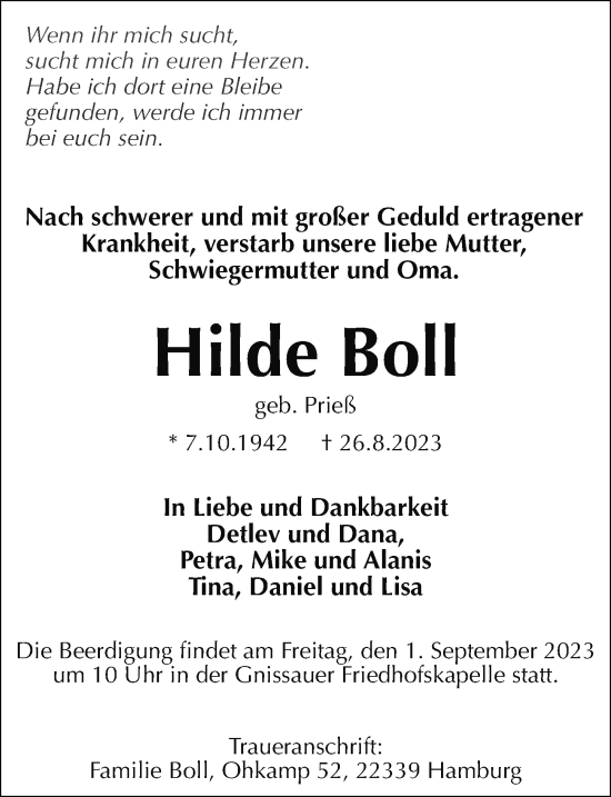 Traueranzeige von Hilde Boll von Lübecker Nachrichten