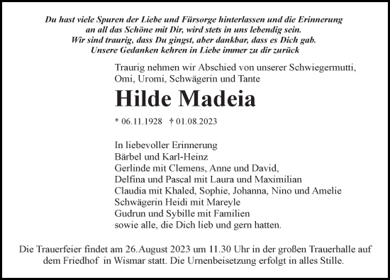 Traueranzeige von Hilde Madeia von Ostsee-Zeitung GmbH