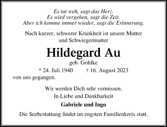 Traueranzeige von Hildegard Au von Lübecker Nachrichten