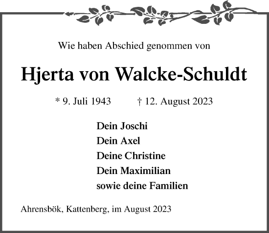 Traueranzeige von Hjerta von Walcke-Schuldt von Lübecker Nachrichten