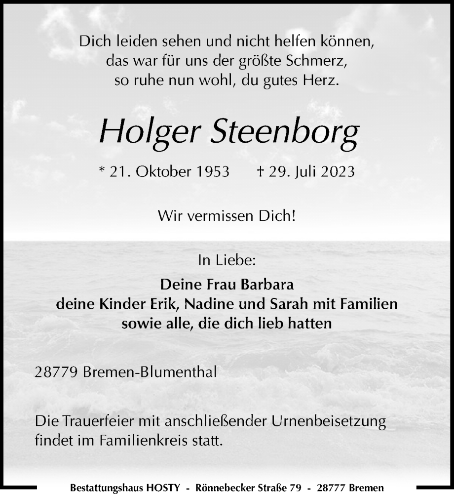  Traueranzeige für Holger Steenborg vom 05.08.2023 aus Ostsee-Zeitung GmbH