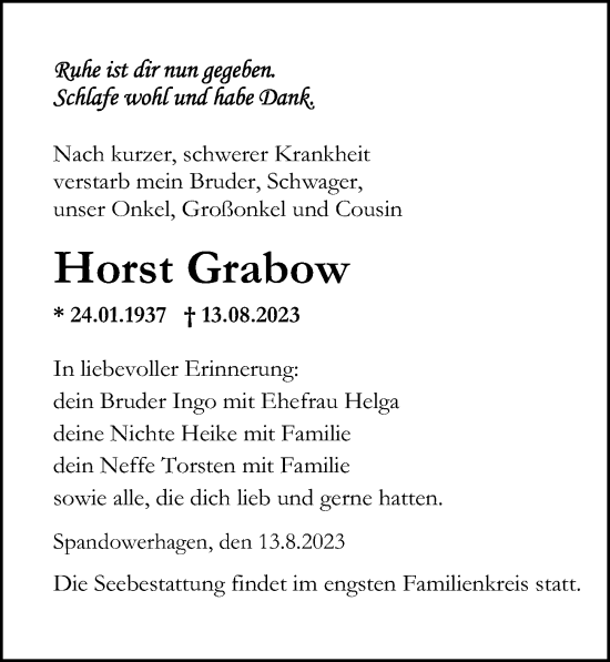 Traueranzeige von Horst Grabow von Ostsee-Zeitung GmbH