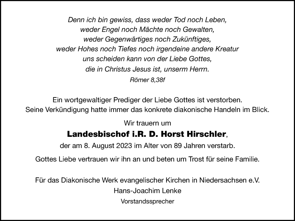  Traueranzeige für Horst Hirschler vom 12.08.2023 aus Schaumburger Nachrichten