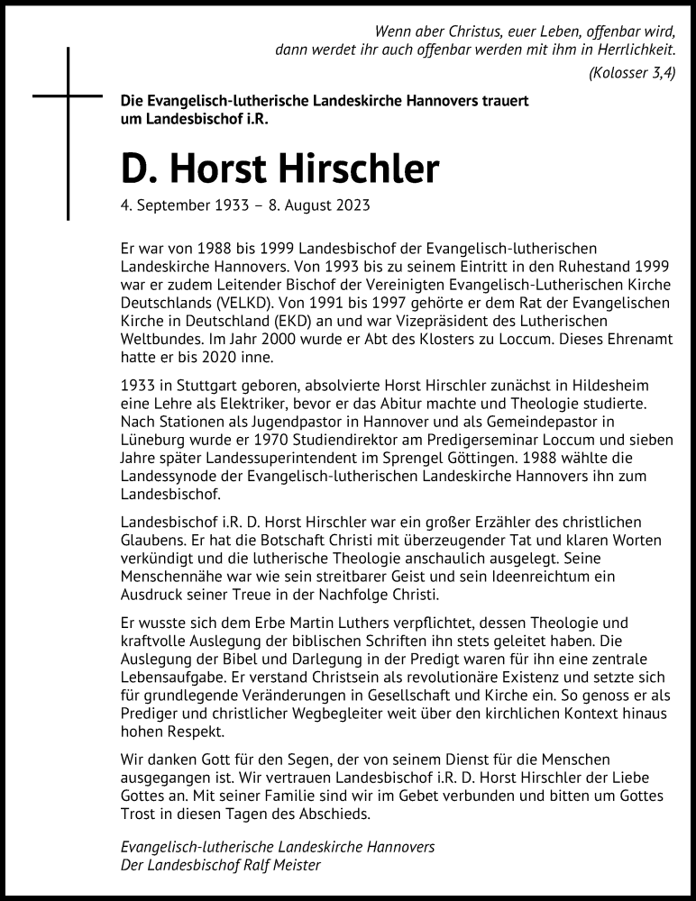  Traueranzeige für Horst Hirschler vom 12.08.2023 aus Schaumburger Nachrichten
