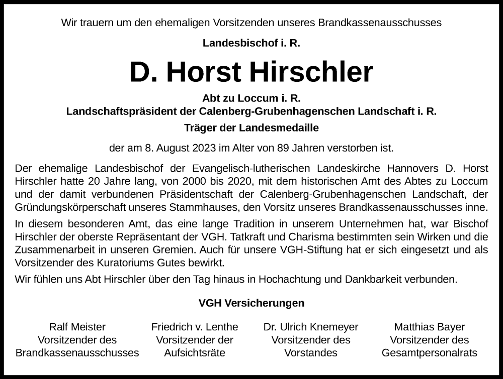  Traueranzeige für Horst Hirschler vom 12.08.2023 aus Peiner Allgemeine Zeitung