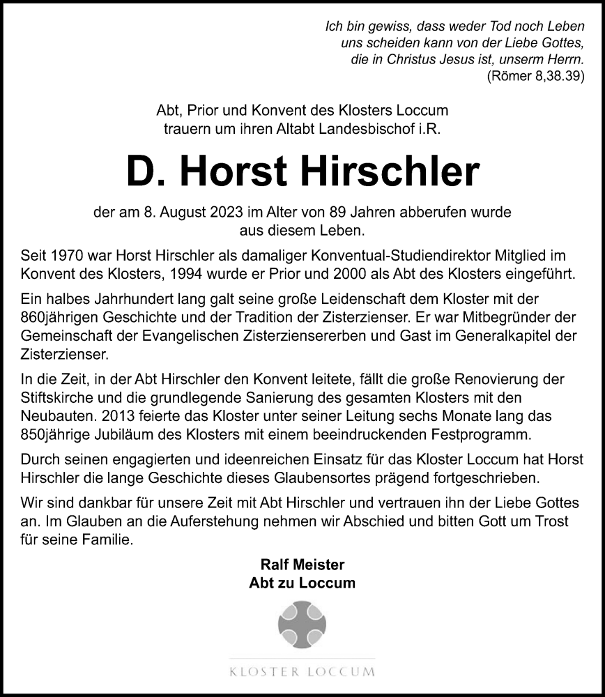  Traueranzeige für Horst Hirschler vom 12.08.2023 aus Hannoversche Allgemeine Zeitung/Neue Presse