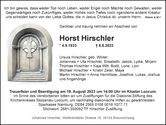 Traueranzeige von Horst Hirschler von Hannoversche Allgemeine Zeitung/Neue Presse