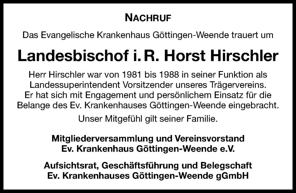  Traueranzeige für Horst Hirschler vom 19.08.2023 aus Göttinger Tageblatt