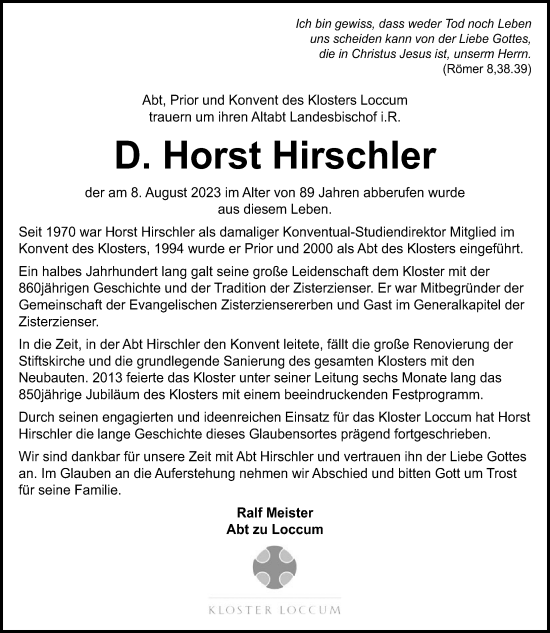 Traueranzeige von Horst Hirschler von Hannoversche Allgemeine Zeitung/Neue Presse