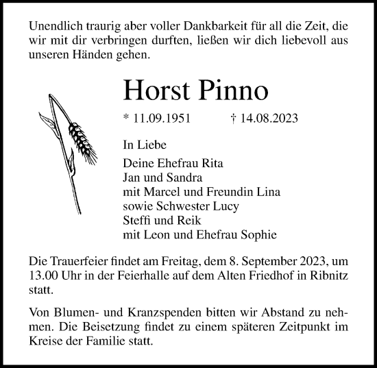 Traueranzeige von Horst Pinno von Ostsee-Zeitung GmbH