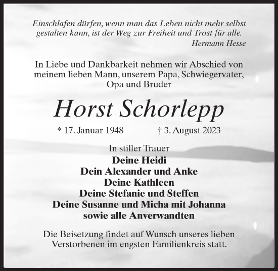 Traueranzeige von Horst Schorlepp von Märkischen Allgemeine Zeitung