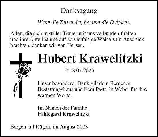 Traueranzeige von Hubert Krawelitzki von Ostsee-Zeitung GmbH