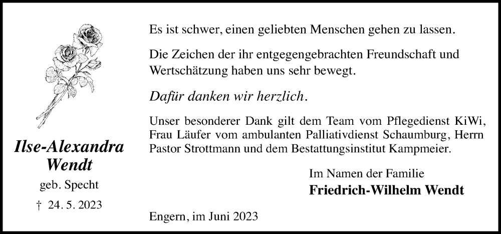  Traueranzeige für Ilse-Alexandra Wendt vom 17.06.2023 aus Schaumburger Nachrichten
