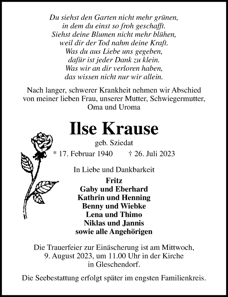  Traueranzeige für Ilse Krause vom 06.08.2023 aus Lübecker Nachrichten
