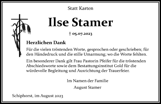 Traueranzeige von Ilse Stamer von Lübecker Nachrichten
