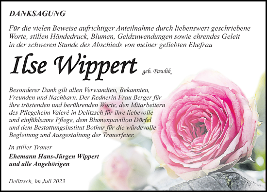 Traueranzeige von Ilse Wippert von Leipziger Volkszeitung