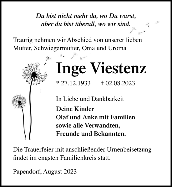 Traueranzeige von Inge Viestenz von Ostsee-Zeitung GmbH