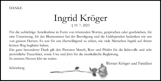 Traueranzeige von Ingrid Kröger von Lübecker Nachrichten