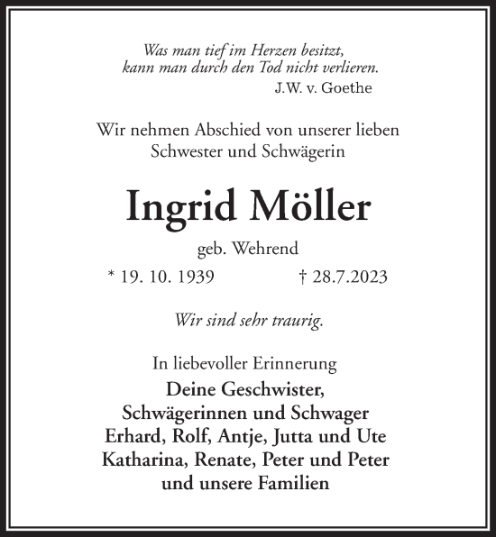 Traueranzeige von Ingrid Möller von Kieler Nachrichten