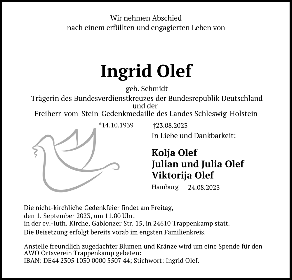  Traueranzeige für Ingrid Olef vom 26.08.2023 aus Kieler Nachrichten