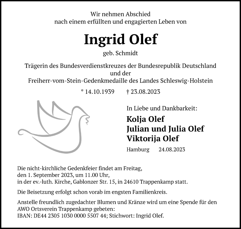  Traueranzeige für Ingrid Olef vom 26.08.2023 aus Lübecker Nachrichten