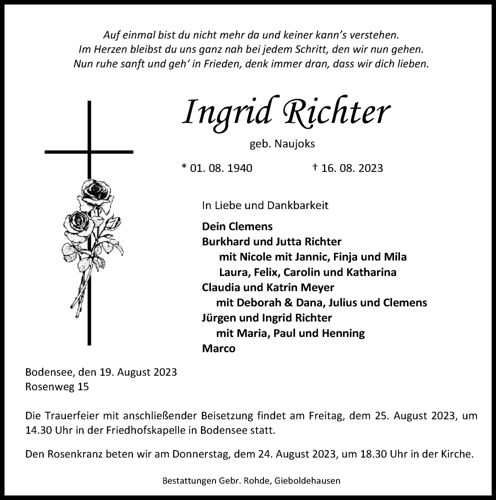  Traueranzeige für Ingrid Richter vom 19.08.2023 aus Eichsfelder Tageblatt