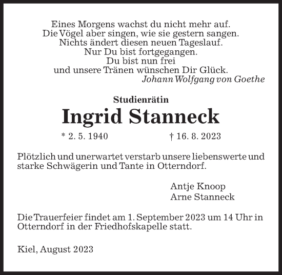 Traueranzeige von Ingrid Stanneck von Kieler Nachrichten