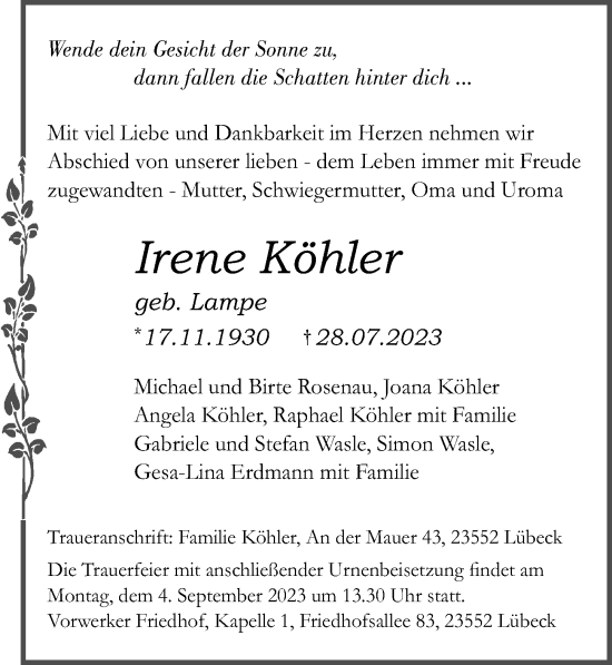 Traueranzeige von Irene Köhler von Lübecker Nachrichten