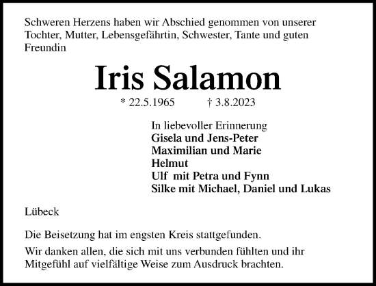 Traueranzeige von Iris Salamon von Lübecker Nachrichten
