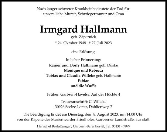 Traueranzeige von Irmgard Hallmann von Hannoversche Allgemeine Zeitung/Neue Presse